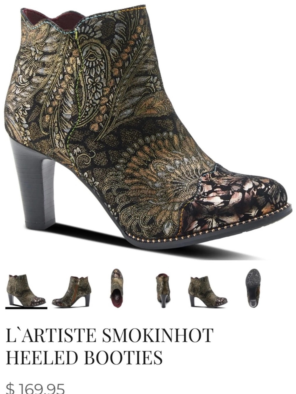 L'ATISTE Metallic Black and Gold Brocade Heeled Ankle Booties